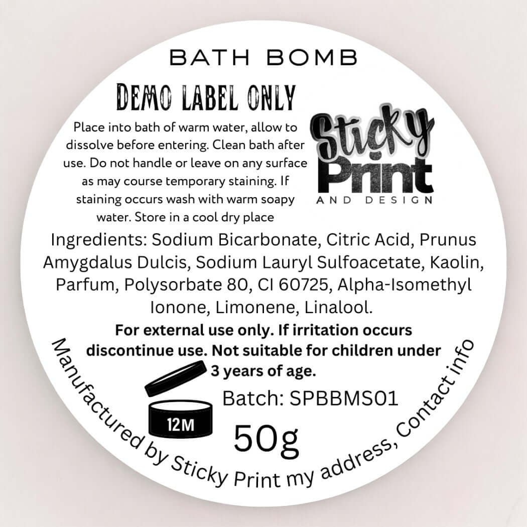 Bath Bomb - Assessment cosmetic labelling - Sticky Print