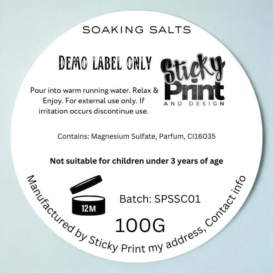 Soaking Salts - Assessment cosmetic labelling - Sticky Print
