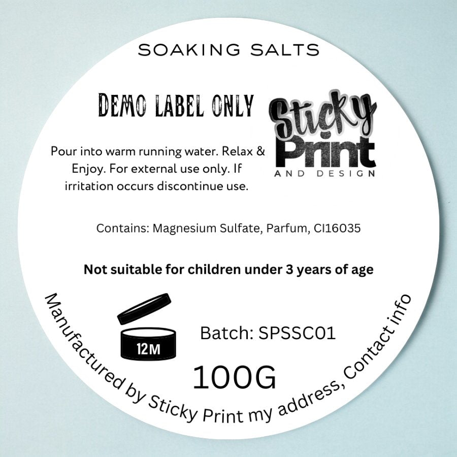 Soaking Salts - Assessment cosmetic labelling - Sticky Print