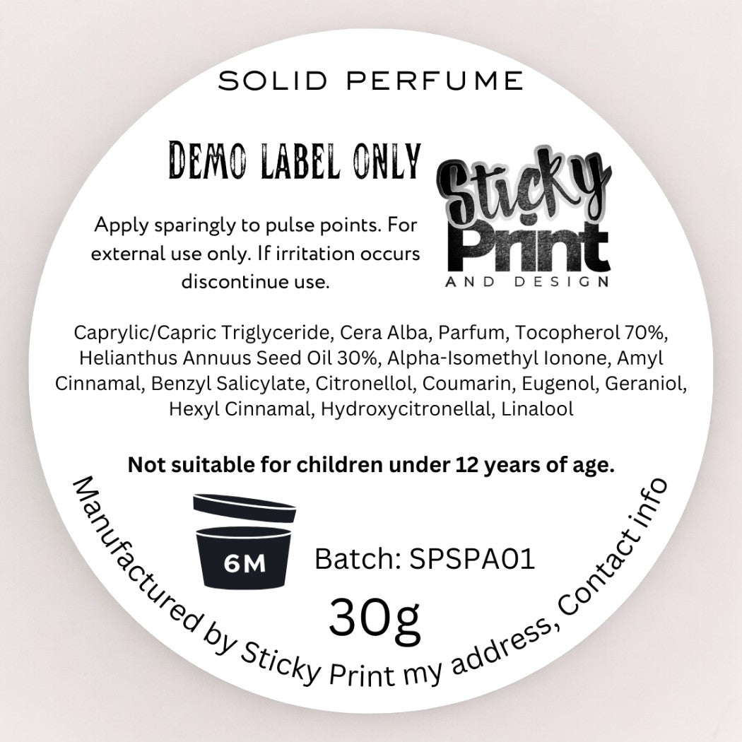 Solid Perfume - Assessment cosmetic labelling - Sticky Print